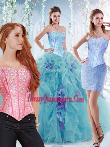 Traditional Visible Boning Big Puffy Detachable Quinceanera Gowns in Aquamarine