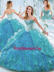 Traditional eautiful Organza Blue Detachable Quinceanera Gowns with Ruffles and Beading