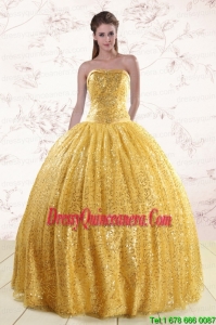 Romantic Yellow Sequined Quinceanera Dress with Strapless for 2015