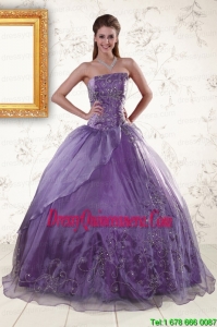 2015 Exclusive Purple Strapless Appliques Quinceanera Dresses