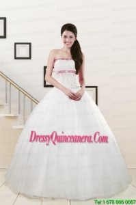 2015 Exclusive Strapless Appliques and Belt Quinceanera Dresses in White