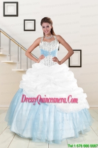 2015 Exclusive White and Blue Ball Gown Quinceanera Dress with Halter