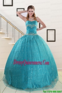 Exclusive Spaghetti Straps Appliques Sequins Turquoise Quinceanera Dresses for 2015