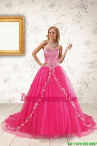 2015 Exclusive Hot Pink Quinceanera Dresses with Beading and Appliques