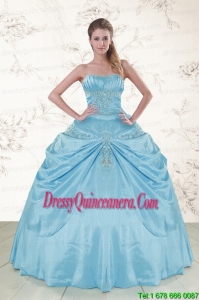 2015 Fast Delivery Aqua Blue Strapless Sweet 15 Dress with Appliques