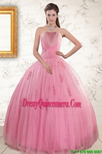 2015 Fast Delivery Pink Quinceaneras Dresses with Appliques and Beading