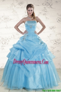 Fast Delivery Aqua Blue 2015 Strapless Quinceanera Dresses with Beading