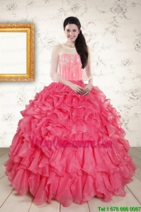 Fast Delivery Strapless Beading and Ruffles 2015 Quinceanera Dresses in Hot Pink