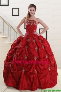 Fast Delivery Strapless Wine Red Appliques Quinceanera Dresses for 2015