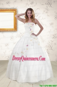 Fast Delivery White Strapless Embroidery 2015 Sweet 16 Dresses