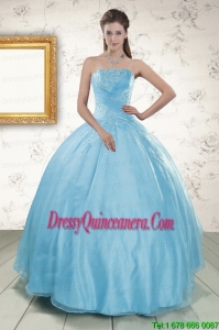 Strapless Beading 2015 Affordable Fast Delivery Quinceanera Dress in Baby Blue