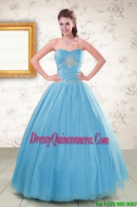 2015 Fast Delivery Strapless Beaded Quinceanera Dresses in Aqua Blue