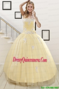 Fast Delivery Light Yellow Sweet 16 Dresses with White Appliques