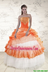 2015 Luxurious Strapless Appliques and Beaded Quinceanera Dresses in Orange