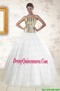 2015 Luxurious Tulle Strapless Sequins White Quinceanera Dresses
