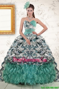 2015 Luxurious Turquoise Sweep Train Quinceanera Dresses with Beading and Picks Ups