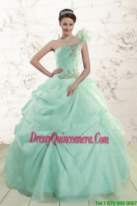 2015 New Style Apple Green One Shoulder Cheap Quinceanera Dresses with Appliques