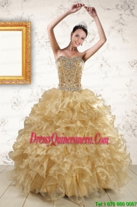 2015 New Style Ruffles and Beaded Quinceanera Dresses in Champange