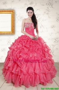 2015 Perfect Hot Pink Strapless Quinceanera Dresses with Beading and Ruffles