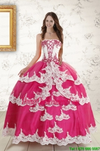 2015 Perfect Hot Pink Strapless Quinceanera Dresses with Appliques