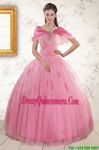 2015 Perfect Pink Quinceaneras Dresses with Appliques and Beading