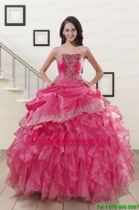 Pretty Appliques and Ruffles 2015 Hot Pink Quinceanera Gowns
