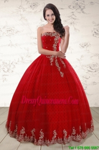 Pretty Red Strapless 2015 Quinceanera Dresses with Appliques