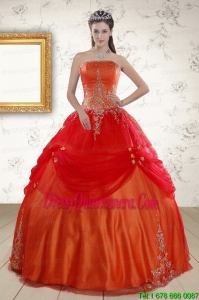 Pretty Strapless Appliques Sweet 16 Dresses in Orange Red