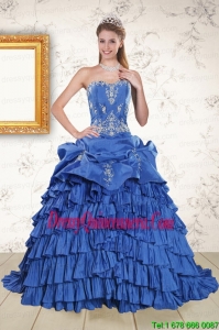 Vintage Royal Blue Appliques and Pick Ups Quinceanera Dresses with Brush Train