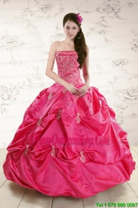 Vintage Strapless Hot Pink Quinceanera Dress with Appliques for 2015