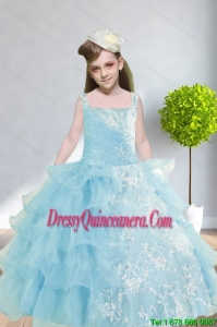 2015 Ball Gown Appliques and Ruffles Baby Bule Little Girl Pageant Dress with Straps