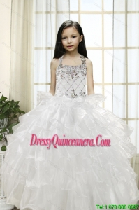 White Ball Gown Halter 2015 Little Girl Pageant Dress with Beading and Ruffles
