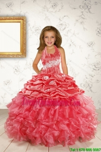 Exquisite Appliques and Ruffles Coral Red Flower Girl Dress for 2015 Spring