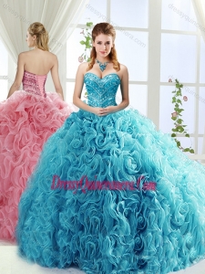 Artistic Rolling Flowers Brush Train Gorgeous Quinceanera Dresses with Beading