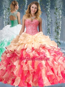 Beautiful Really Puffy Red and Champagne Beaded and Ruffled Romantic Quinceanera Dresses