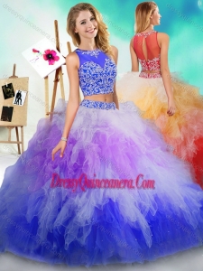 Fashionable See Through Beaded and Ruffled Classic Quinceanera Dress in Rainbow Colored