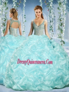 Gorgeous Cap Sleeves Beaded Light Blue Gorgeous Quinceanera Dresses with Deep V Neck