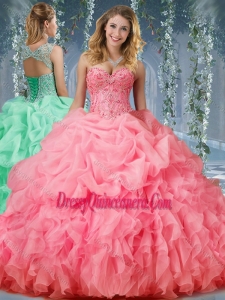 Luxurious Organza Big Puffy Watermelon Classic Quinceanera Dresses with Beading and Ruffles