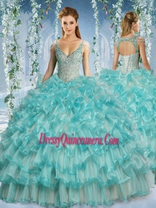 Popular Deep V Neck Big Puffy Classic Quinceanera Dresses with Beaded Decorated Cap Sleeves