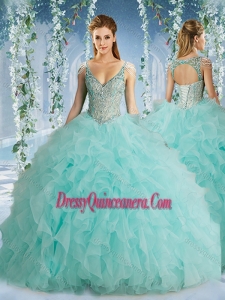 The Super Hot Beaded Decorated Cap Sleeves Gorgeous Quinceanera Dresses with Deep V Neck