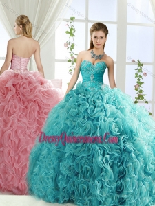 Beaded and Applique Big Puffy Traditional Quinceanera Gowns in Aqua Blue