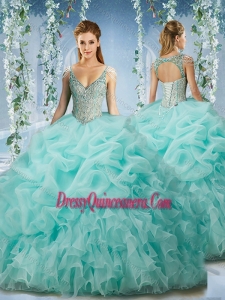 Beaded and Ruffled Aqua Blue Unique Sweet 16 Dresses with Beaded Decorated Cap Sleeves
