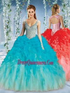 Beautiful Deep V Neck Big Puffy Simple Quinceanera Gowns with Beaded Decorated Cap Sleeves