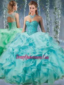 Classical Beaded and Applique Big Puffy Simple Quinceanera Gowns in Aqua Blue