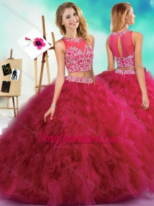 Classical Beaded and Ruffled Fuchsia Unique Sweet 16 Dresses with See Through