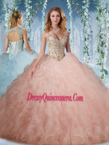 Exclusive Deep V Neck Peach Traditional Quinceanera Gowns With Beading and Ruffles