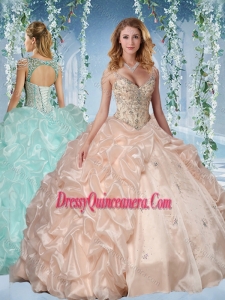 Fashionable Beaded Decorated Cap Sleeves Simple Quinceanera Gowns with Deep V Neck