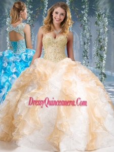 Fashionable Organza and Rolling Flowers Big Puffy Simple Quinceanera Gowns in Champagne and White