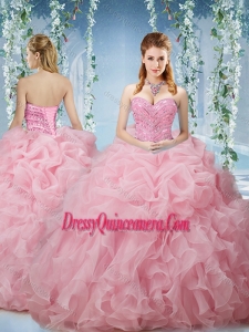 Lovely Baby Pink Brush Train Traditional Quinceanera Gowns Beaded and Ruffled