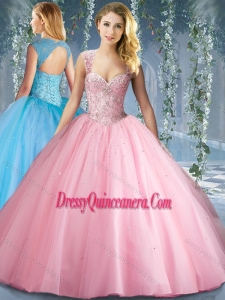 Lovely Pink Big Puffy Beaded Romantic Quinceanera Dresses with Brush Train